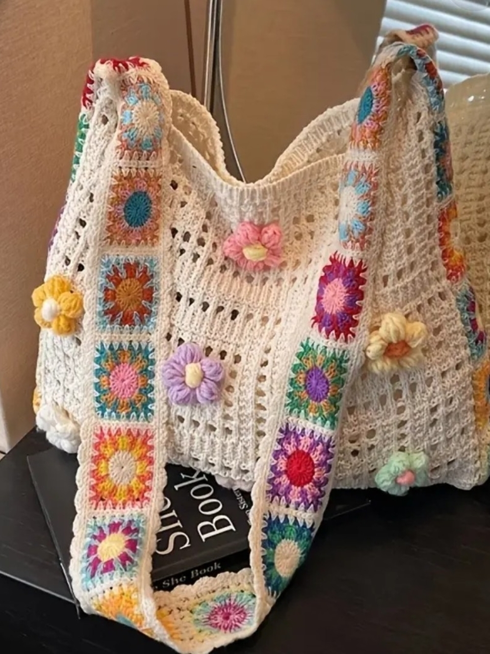 Boho Handmade Crochet Floral Shoulder Bag - Cream with Multicolor Flowers